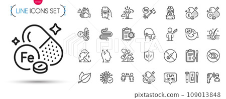 Pack of No vaccine, Health app and Cholecalciferol line icons. Include Dont touch, Stay home, Patient pictogram icons. Intestine, Coronavirus report, Not looking signs. Nurse. Vector Pack of No vaccine, Health app and Cholecalciferol line icons. Include Dont touch, Stay home, Patient pictogram icons. Intestine, Coronavirus report, Not looking signs. Nurse. Vector 109013848