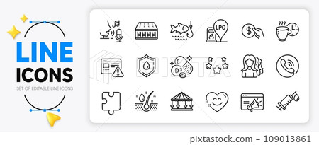 Call center, Carousels and Cholecalciferol line icons set for app include Serum oil, Internet warning, Women headhunting outline thin icon. Seo marketing, Coffee break. Vector Call center, Carousels and Cholecalciferol line icons set for app include Serum oil, Internet warning, Women headhunting outline thin icon. Seo marketing, Coffee break. Vector 109013861