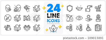 Icons set of Face cream, Insurance hand and Celsius thermometer line icons pack for app with Lips, Dont touch, Electronic thermometer thin outline icon. Sun protection, Disability. Vector Icons set of Face cream, Insurance hand and Celsius thermometer line icons pack for app with Lips, Dont touch, Electronic thermometer thin outline icon. Sun protection, Disability. Vector 109013891
