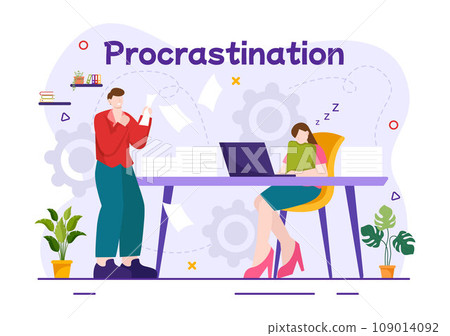 Procrastination Vector Illustration with Procrastinating Lazy Businessman Employees work of office worker in Flat Business Cartoon Background 109014092