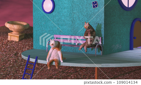 Two cartoon cats watching the sunset. 3d render, 3d illustration. 109014134