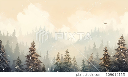 A forest shrouded in mist, a forest of snow-covered fir trees and beautiful mountains 109014135