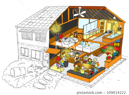 Before and after illustration of a vacant old private house renovated into a lodging facility 109014222