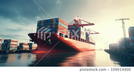 Industrial port with Logistics and transportation of International Container Cargo ship , commercial dock, harbor, cargo container, shipping. Generative ai 109014800