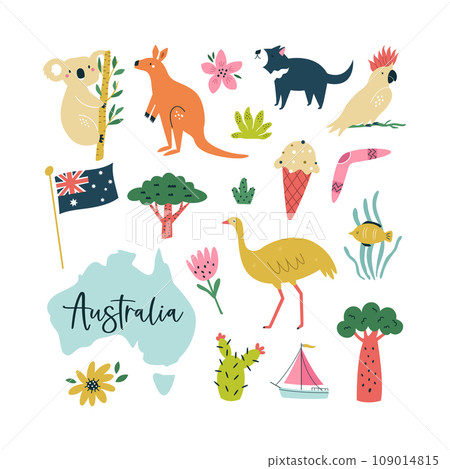 Colorful composition, design with famous symbols, animals of Australia. Colorful composition, design with famous symbols, animals of Australia. 109014815