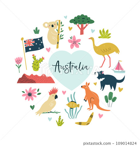 Colorful composition, circle design with famous symbols, animals of Australia. 109014824