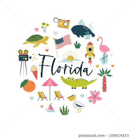 Colorful composition, circle design with famous symbols, animals of Florida state, USA. Colorful composition, circle design with famous symbols, animals of Florida state, USA. 109014833