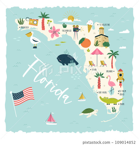 Colorful illustrated map of Florida state, USA, with animals, famous symbols, landmarks. Colorful illustrated map of Florida state, USA, with animals, famous symbols, landmarks. 109014852