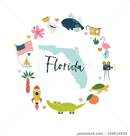 Colorful composition, circle design with famous symbols, animals of Florida state, USA. 109014859