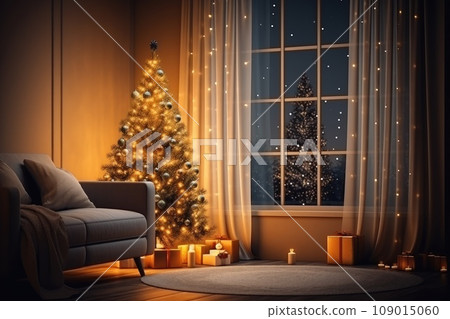 Christmas tree with gifts in the decorating in living room. Christmas home interior. generative ai 109015060
