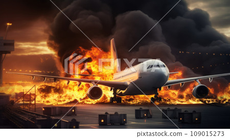 Urgency and chaos as emergency crews respond to a blazing airliner on the tarmac. Urgency and chaos as emergency crews respond to a blazing airliner on the tarmac. 109015273