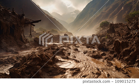 Elemental chaos of a mudflow's relentless descent. 109015275