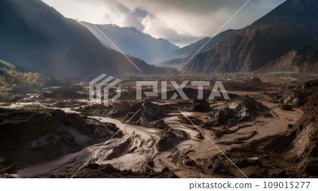 a dramatic scene as a mudflow descends down rugged terrain. a dramatic scene as a mudflow descends down rugged terrain. 109015277