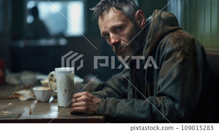 a raw, unfiltered portrait of a homeless man seeking warmth in the cold shadows. a raw, unfiltered portrait of a homeless man seeking warmth in the cold shadows. 109015283