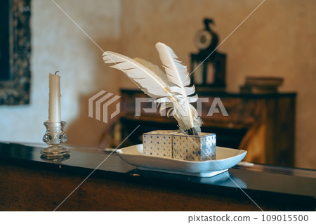 Vintage inkwell with feather pen on the wooden shelf Vintage inkwell with feather pen on the wooden shelf 109015500