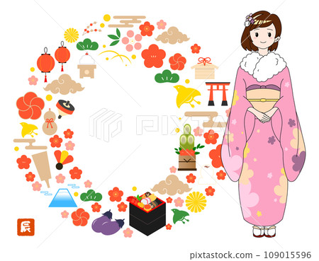 New Year's card frame of a woman wearing a kimono/pink/no text 109015596