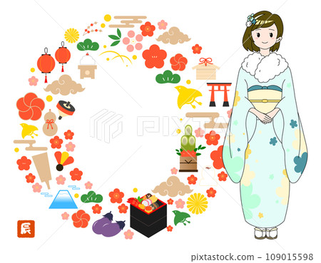New Year's card frame of a woman wearing a kimono/light blue/no text 109015598
