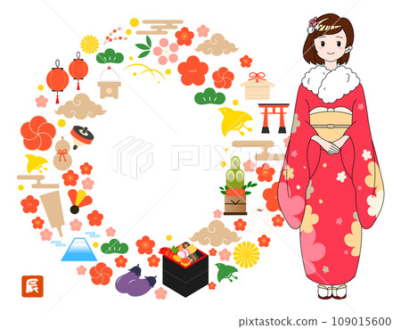 New Year's card frame of a woman wearing a kimono/red/no text New Year's card frame of a woman wearing a kimono/red/no text 109015600