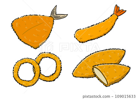 Fried seafood, hand-drawn illustration set of fried foods 109015633