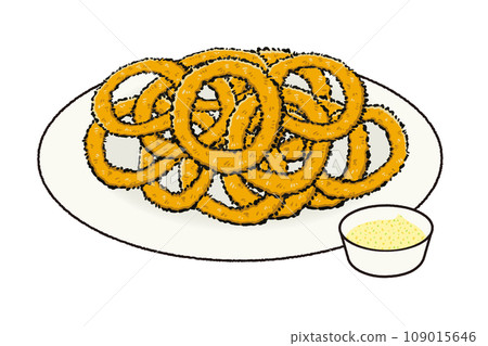 Illustration of assorted fried squid rings, hand-drawn style 109015646