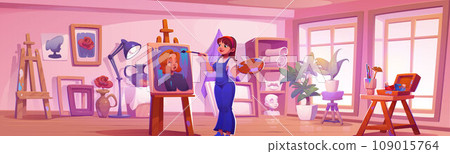 Young girl drawing picture with paints and brush 109015764