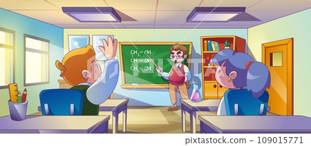 Students and teacher in school chemistry classroom 109015771