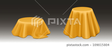 Round podium under golden satin curtain cover. Round podium under golden satin curtain cover. 109015804