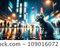 A lost kitten shivering in the rain in the city at night: AI-generated image 109016072