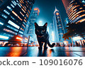 A black cat walking through the big city at night as if it were his own: AI-generated image 109016076
