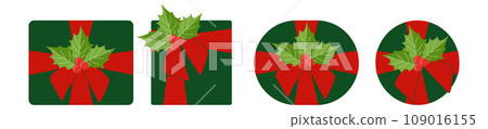 Set of Green Gift Boxes with Red Ribbon and Holly berry branches. Christmas Season Decoration. Vector Flat cartoon illustration isolated on white. Colorful Holiday Template for Postcard, Banner 109016155