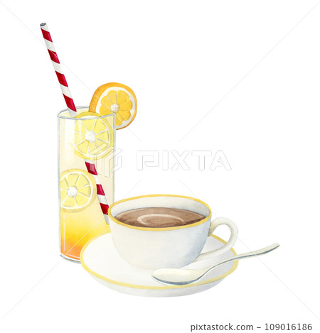 Continental morning cup of coffee with spoon and orange juice for breakfast watercolor illustration isolated on white background for hotel cafe menus 109016186