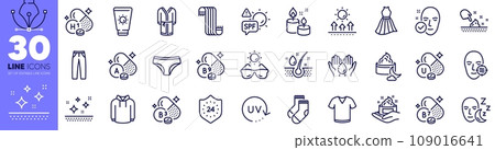 24 hours, Sun protection and Panties line icons pack. Wash hands, Sleep, Dress web icon. Vitamin h1, Uv protection, T-shirt pictogram. Vitamin a, Night cream, Scarf. Aroma candle. Vector 109016641