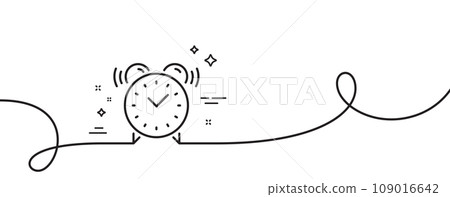 Alarm clock line icon. Continuous one line with curl. Time or watch sign. Alarm clock single outline ribbon. Loop curve pattern. Vector Alarm clock line icon. Continuous one line with curl. Time or watch sign. Alarm clock single outline ribbon. Loop curve pattern. Vector 109016642