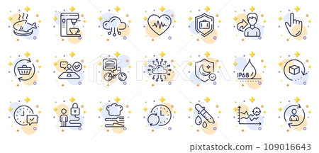 Outline set of Share, Refresh cart and Fish dish line icons for web app. Include Select alarm, Lock, Food pictogram icons. Food delivery, Cloud computing, Job interview signs. Vector 109016643