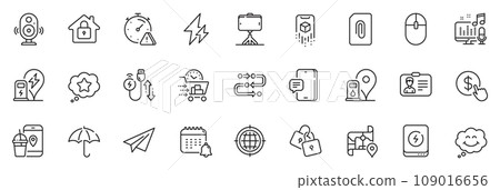Icons pack as Map, Attention and Charging cable line icons for app include Locks, Methodology, Charging station outline thin icon web set. Phone message, Power bank, Seo internet pictogram. Vector 109016656
