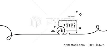 Report statistics line icon. Continuous one line with curl. Column graph sign. Growth diagram symbol. Report statistics single outline ribbon. Loop curve pattern. Vector 109016674