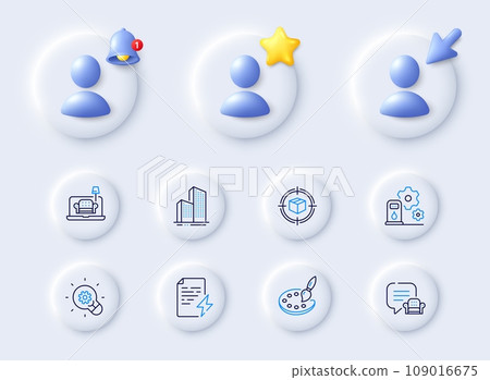 Skyscraper buildings, Lounge place and Palette line icons. Placeholder with 3d cursor, bell, star. Pack of Innovation, Filling station, Parcel tracking icon. Vector 109016675