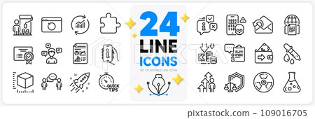 Icons set of Startup rocket, Internet documents and Chemistry lab line icons pack for app with Wallet, Chemical hazard, Chemistry pipette thin outline icon. Certificate, Cyber attack. Vector 109016705