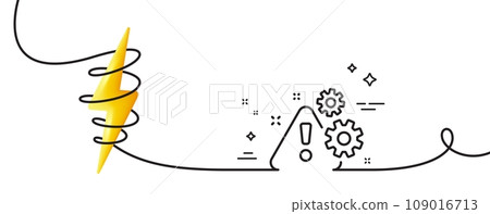 Warning line icon. Continuous one line with curl. Attention triangle sign. Caution alert symbol. Warning single outline ribbon. Loop curve with energy. Vector Warning line icon. Continuous one line with curl. Attention triangle sign. Caution alert symbol. Warning single outline ribbon. Loop curve with energy. Vector 109016713