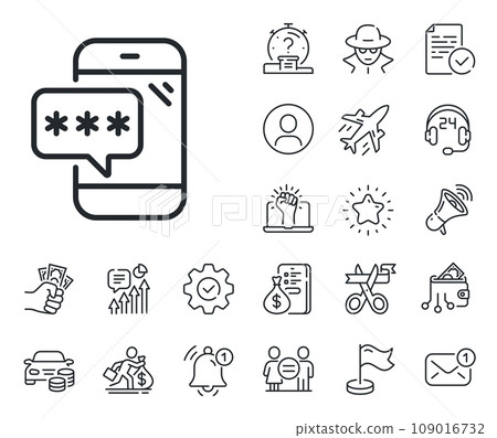 Cyber defence sign. Salaryman, gender equality and alert bell outline icons. Phone password line icon. Mobile protection symbol. Phone password line sign. Spy or profile placeholder icon. Vector Cyber defence sign. Salaryman, gender equality and alert bell outline icons. Phone password line icon. Mobile protection symbol. Phone password line sign. Spy or profile placeholder icon. Vector 109016732