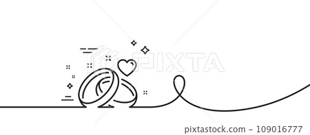 Marriage rings line icon. Continuous one line with curl. Romantic engagement or wedding sign. Couple relationships symbol. Marriage rings single outline ribbon. Loop curve pattern. Vector 109016777