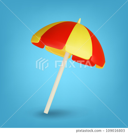 3d vector striped yellow and red umbrella. Illustration icon of sun umbrella for sunbathing on the beach. 3d vector striped yellow and red umbrella. Illustration icon of sun umbrella for sunbathing on the beach. 109016803
