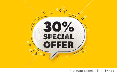 30 percent discount offer tag. 3d speech bubble yellow banner. Sale price promo sign. Special offer symbol. Discount chat speech bubble message. Talk box infographics. Vector 109016844