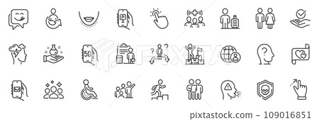 Icons pack as Parking app, Touchpoint and Approved line icons for app include Medical staff, Survey, Yummy smile outline thin icon web set. Chin, Cough, Leadership pictogram. 5g internet. Vector 109016851