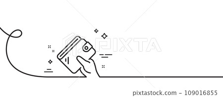 Wallet line icon. Continuous one line with curl. Hand hold money purse sign. Cash budget symbol. Wallet single outline ribbon. Loop curve pattern. Vector 109016855