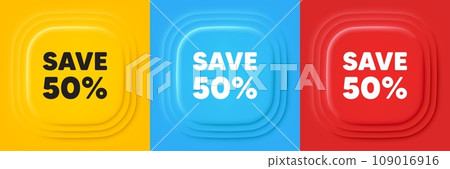 Save 50 percent off tag. Neumorphic offer banners. Sale Discount offer price sign. Special offer symbol. Discount podium background. Product infographics. Vector Save 50 percent off tag. Neumorphic offer banners. Sale Discount offer price sign. Special offer symbol. Discount podium background. Product infographics. Vector 109016916