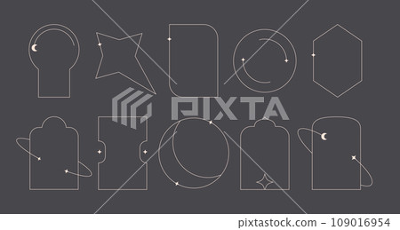 Line minimal aesthetic arch frame shapes with stars, sparkles. Boho contemporary y2k arc, window, door. Line minimal aesthetic arch frame shapes with stars, sparkles. Boho contemporary y2k arc, window, door. 109016954