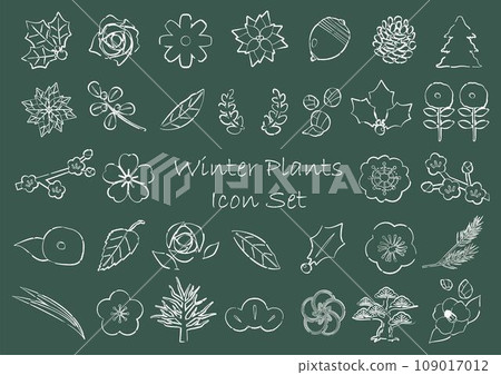 冬季植物圖示設定粉筆藝術風格 冬季植物圖示設定粉筆藝術風格 109017012