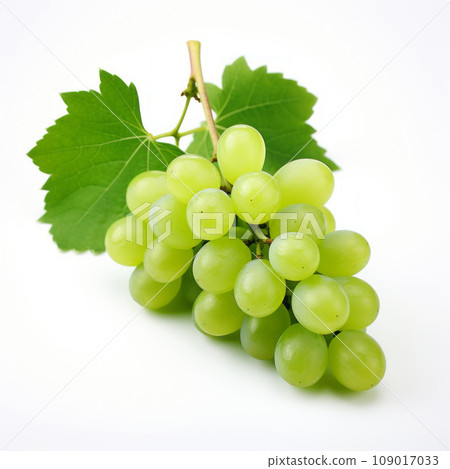 Sweet Green grape with leaves, isolated isolated on a white background. Sweet Green grape with leaves, isolated isolated on a white background. 109017033