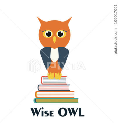 Wise owl on a stack of books. Vector owl characters, learning concept. Back to school flat illustration Wise owl on a stack of books. Vector owl characters, learning concept. Back to school flat illustration 109017091